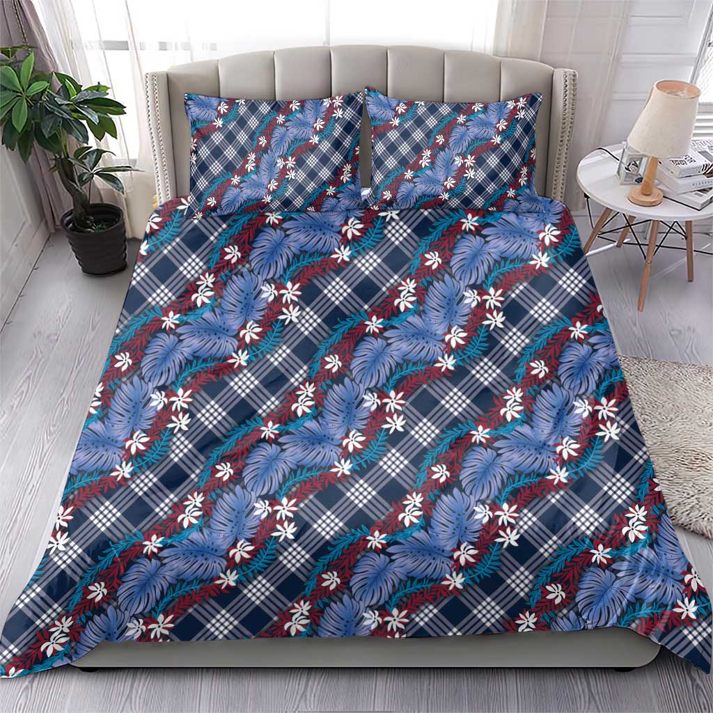 Polynesian Monstera Tiare Floral Bedding Set Royal Blue Tropical Plaid - Polynesian Pride