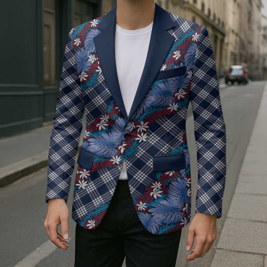 Polynesian Monstera Tiare Floral Blazer Royal Blue Tropical Plaid - Polynesian Pride