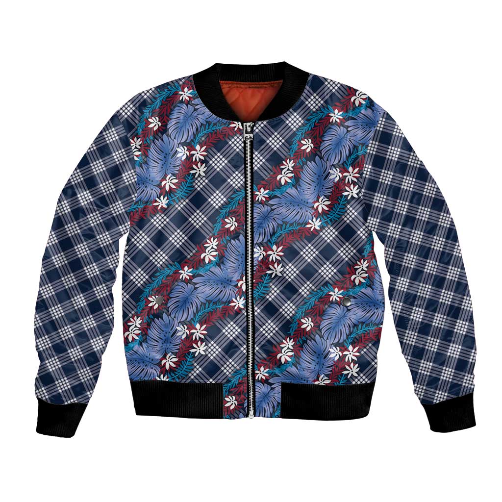 Polynesian Monstera Tiare Floral Bomber Jacket Royal Blue Tropical Plaid - Polynesian Pride
