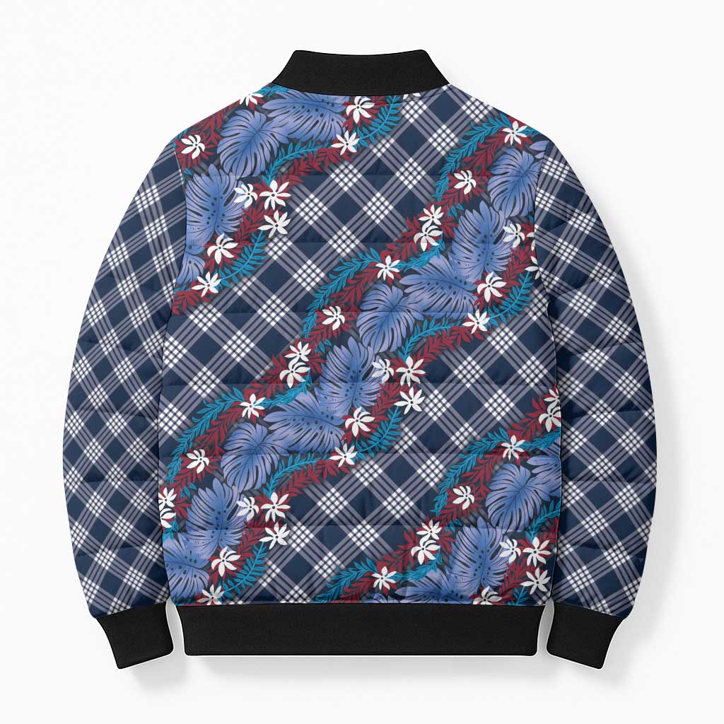 Polynesian Monstera Tiare Floral Bomber Puffer Jacket Royal Blue Tropical Plaid - Polynesian Pride