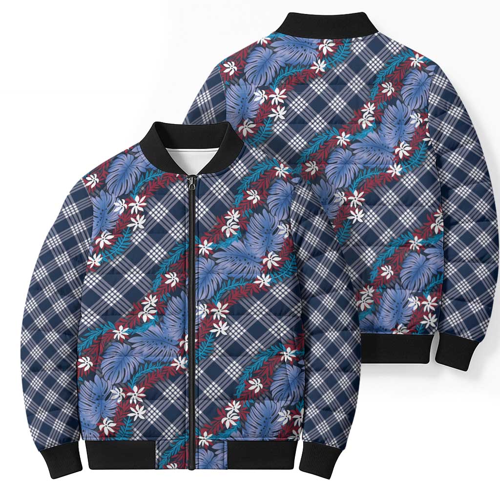 Polynesian Monstera Tiare Floral Bomber Puffer Jacket Royal Blue Tropical Plaid - Polynesian Pride
