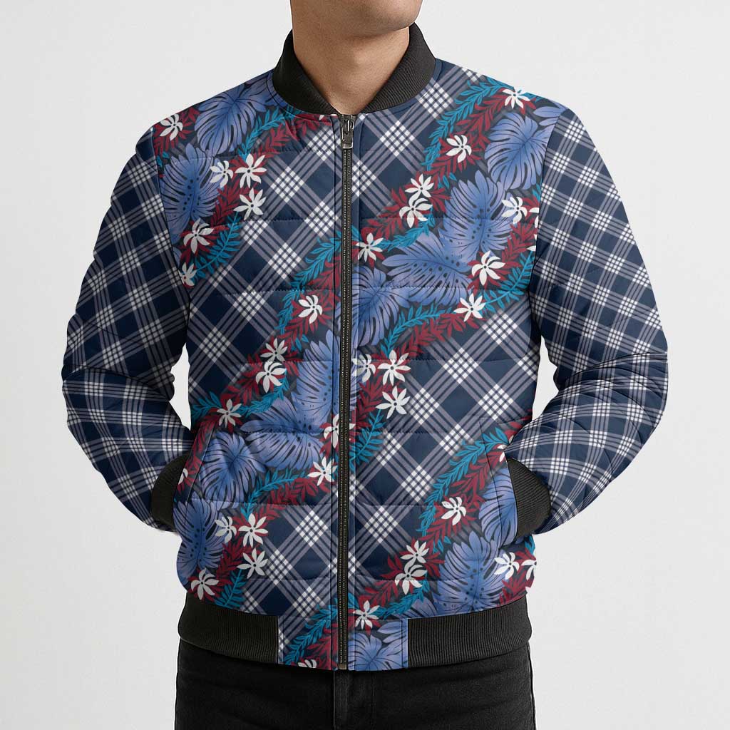 Polynesian Monstera Tiare Floral Bomber Puffer Jacket Royal Blue Tropical Plaid - Polynesian Pride