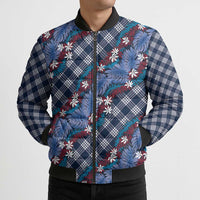 Polynesian Monstera Tiare Floral Bomber Puffer Jacket Royal Blue Tropical Plaid - Polynesian Pride