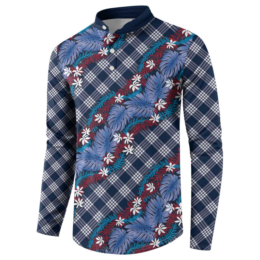 Polynesian Monstera Tiare Floral Button Sweatshirt Royal Blue Tropical Plaid - Polynesian Pride