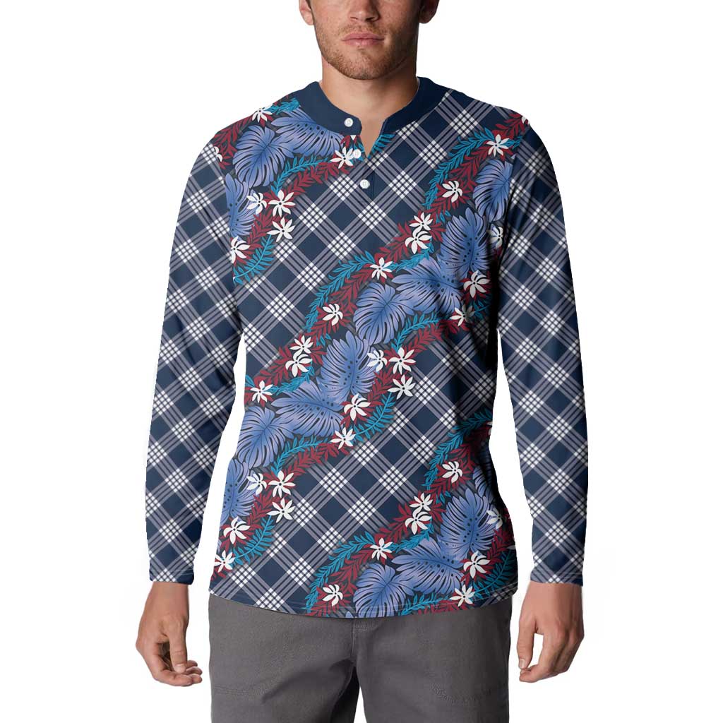 Polynesian Monstera Tiare Floral Button Sweatshirt Royal Blue Tropical Plaid - Polynesian Pride