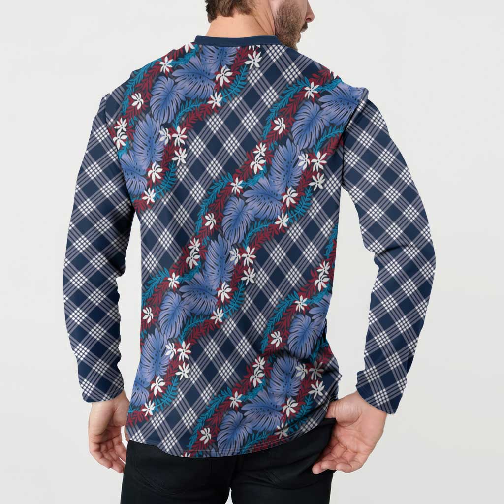 Polynesian Monstera Tiare Floral Button Sweatshirt Royal Blue Tropical Plaid - Polynesian Pride