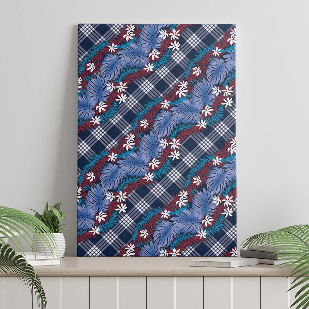 Polynesian Monstera Tiare Floral Canvas Wall Art Royal Blue Tropical Plaid - Polynesian Pride