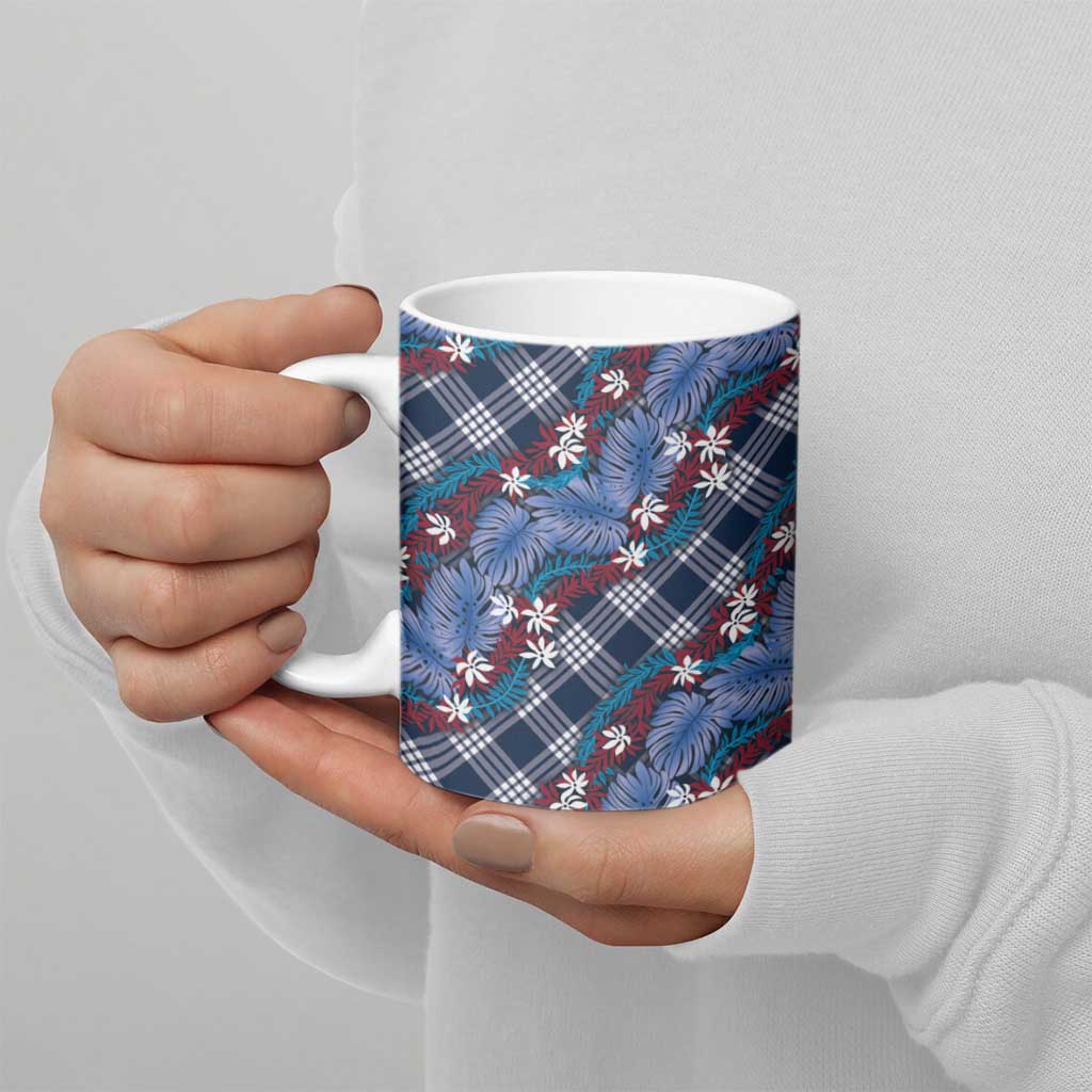 Polynesian Monstera Tiare Floral Ceramic Mug Royal Blue Tropical Plaid - Polynesian Pride