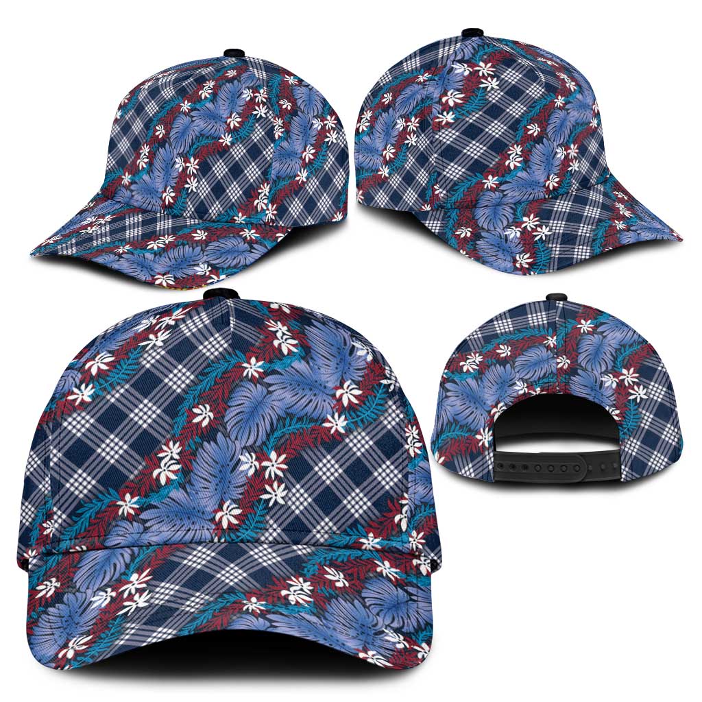Polynesian Monstera Tiare Floral Classic Cap Royal Blue Tropical Plaid - Polynesian Pride