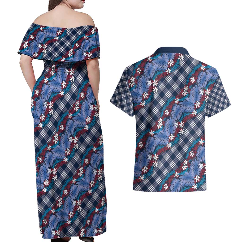 Polynesian Monstera Tiare Floral Couples Matching Off Shoulder Maxi Dress and Hawaiian Shirt Royal Blue Tropical Plaid - Polynesian Pride