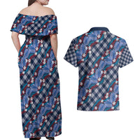 Polynesian Monstera Tiare Floral Couples Matching Off Shoulder Maxi Dress and Hawaiian Shirt Royal Blue Tropical Plaid - Polynesian Pride