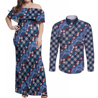 Polynesian Monstera Tiare Floral Couples Matching Off Shoulder Maxi Dress and Long Sleeve Button Shirt Royal Blue Tropical Plaid - Polynesian Pride