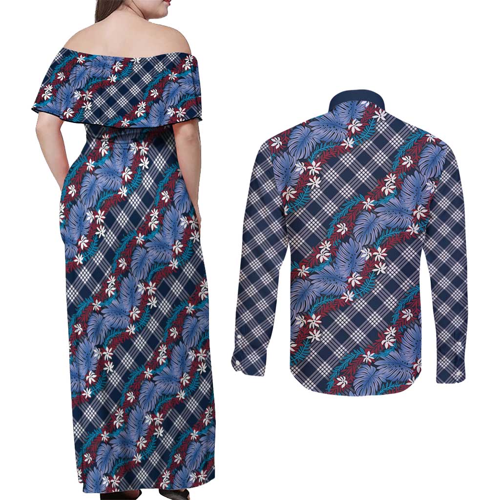 Polynesian Monstera Tiare Floral Couples Matching Off Shoulder Maxi Dress and Long Sleeve Button Shirt Royal Blue Tropical Plaid - Polynesian Pride