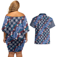Polynesian Monstera Tiare Floral Couples Matching Off Shoulder Short Dress and Hawaiian Shirt Royal Blue Tropical Plaid - Polynesian Pride