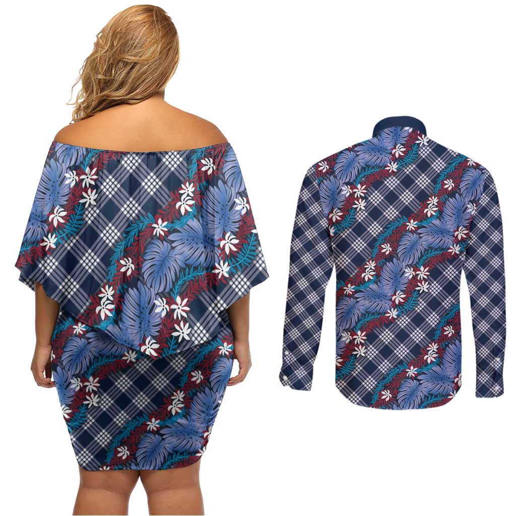 Polynesian Monstera Tiare Floral Couples Matching Off Shoulder Short Dress and Long Sleeve Button Shirt Royal Blue Tropical Plaid - Polynesian Pride