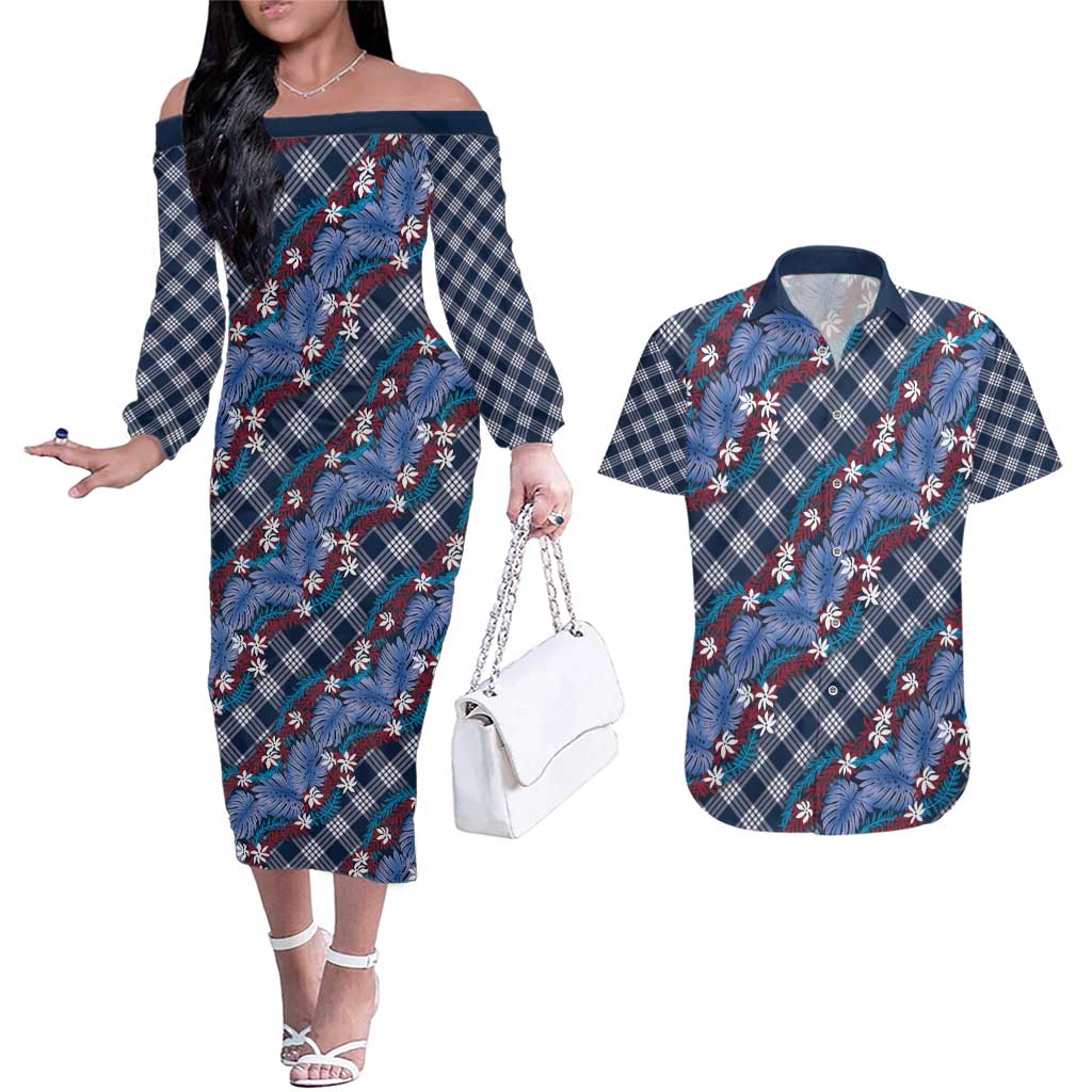 Polynesian Monstera Tiare Floral Couples Matching Off The Shoulder Long Sleeve Dress and Hawaiian Shirt Royal Blue Tropical Plaid - Polynesian Pride