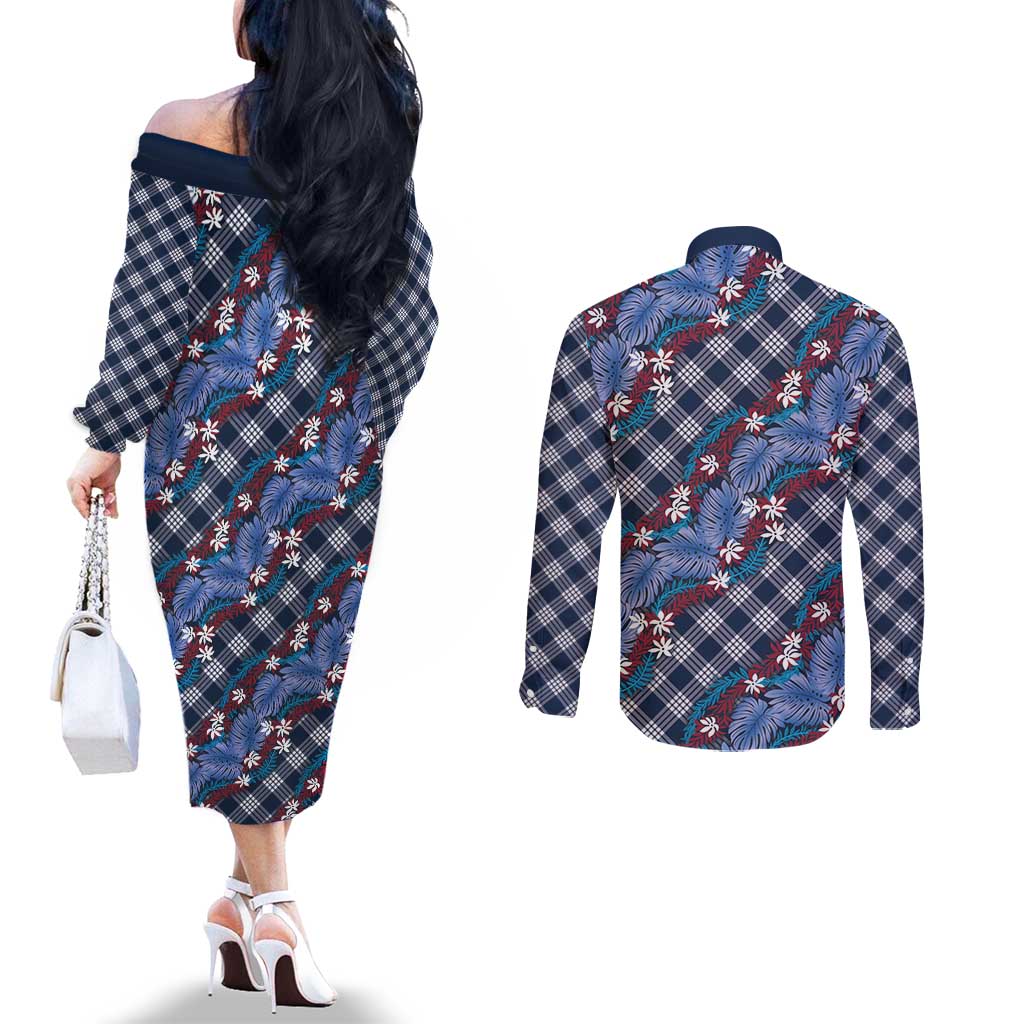 Polynesian Monstera Tiare Floral Couples Matching Off The Shoulder Long Sleeve Dress and Long Sleeve Button Shirt Royal Blue Tropical Plaid - Polynesian Pride