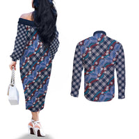 Polynesian Monstera Tiare Floral Couples Matching Off The Shoulder Long Sleeve Dress and Long Sleeve Button Shirt Royal Blue Tropical Plaid - Polynesian Pride