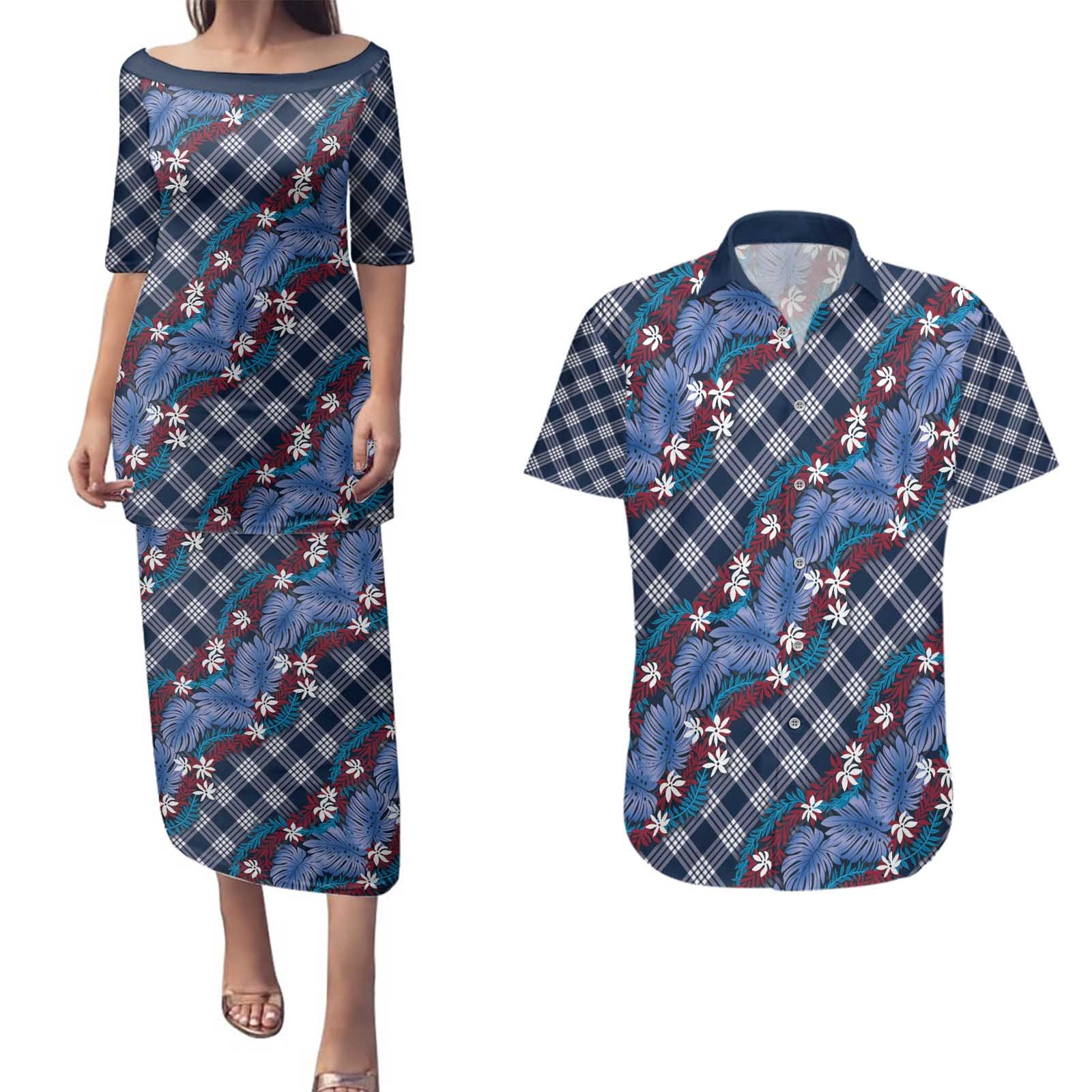 Polynesian Monstera Tiare Floral Couples Matching Puletasi and Hawaiian Shirt Royal Blue Tropical Plaid LT01 Blue - Polynesian Pride