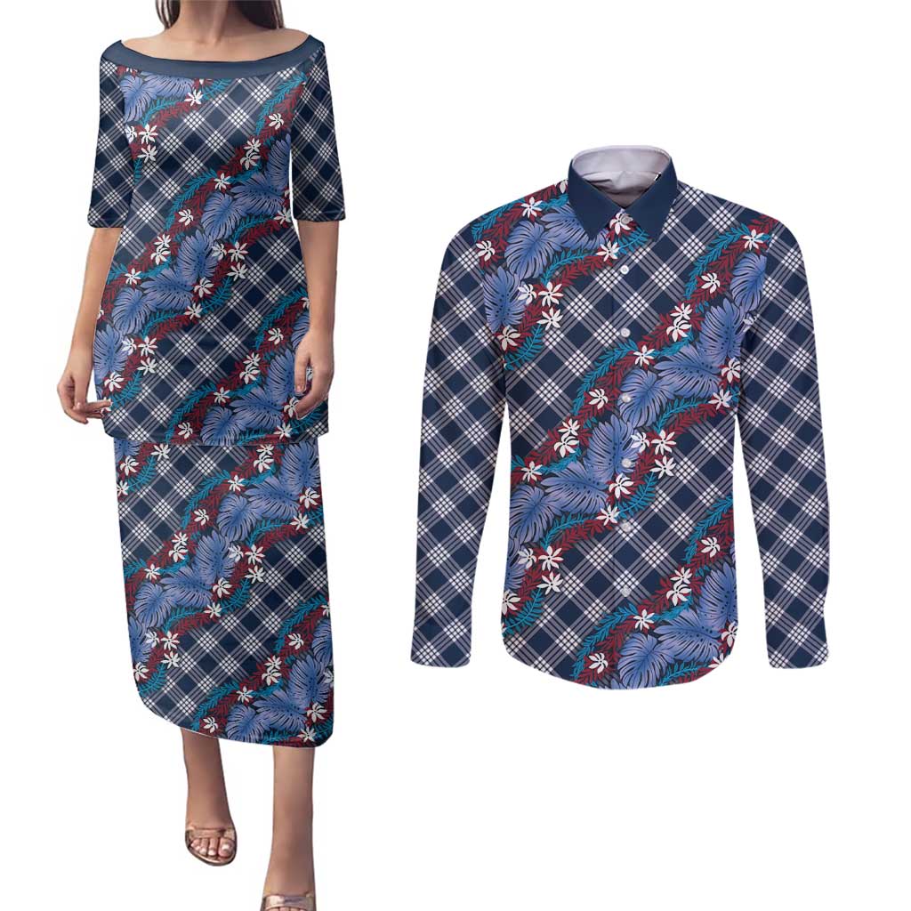 Polynesian Monstera Tiare Floral Couples Matching Puletasi and Long Sleeve Button Shirt Royal Blue Tropical Plaid LT01 Blue - Polynesian Pride