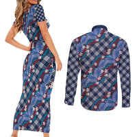 Polynesian Monstera Tiare Floral Couples Matching Short Sleeve Bodycon Dress and Long Sleeve Button Shirt Royal Blue Tropical Plaid - Polynesian Pride