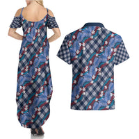 Polynesian Monstera Tiare Floral Couples Matching Summer Maxi Dress and Hawaiian Shirt Royal Blue Tropical Plaid - Polynesian Pride