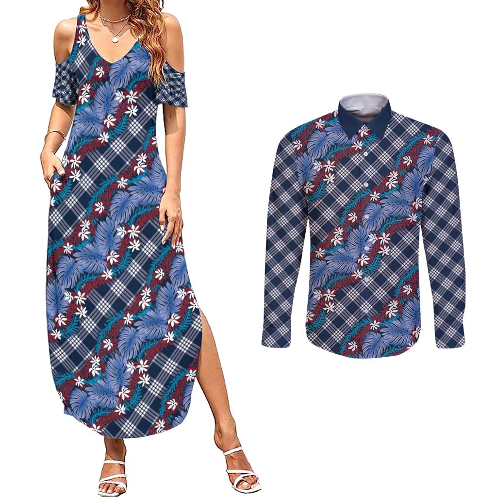 Polynesian Monstera Tiare Floral Couples Matching Summer Maxi Dress and Long Sleeve Button Shirt Royal Blue Tropical Plaid LT01 Blue - Polynesian Pride