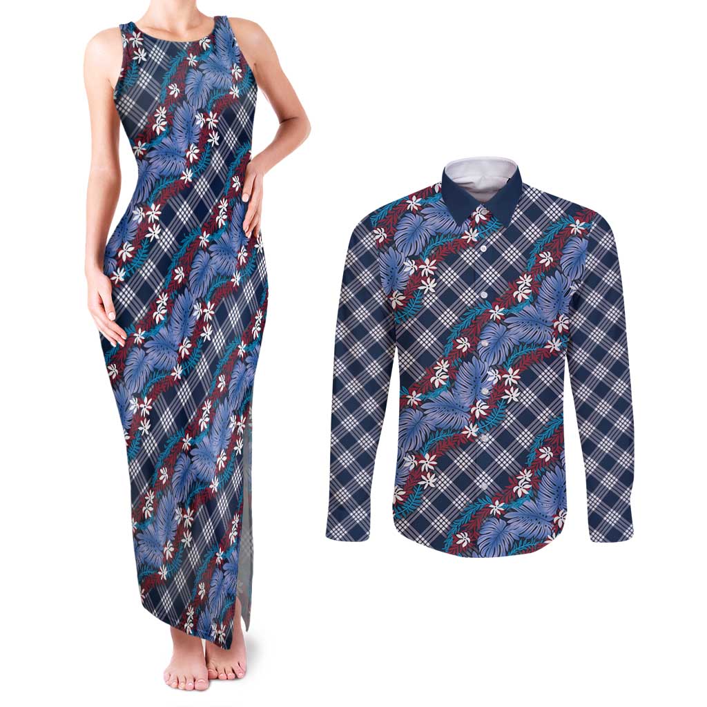 Polynesian Monstera Tiare Floral Couples Matching Tank Maxi Dress and Long Sleeve Button Shirt Royal Blue Tropical Plaid - Polynesian Pride