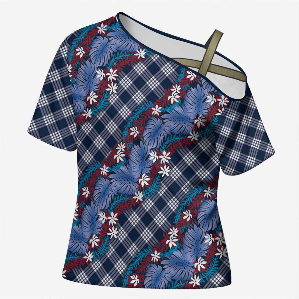 Polynesian Monstera Tiare Floral Cross Shoulder Shirt Royal Blue Tropical Plaid - Polynesian Pride