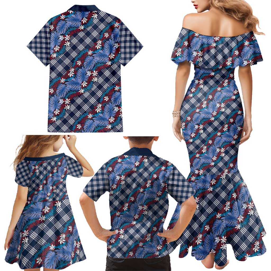 Polynesian Monstera Tiare Floral Family Matching Mermaid Dress and Hawaiian Shirt Royal Blue Tropical Plaid - Polynesian Pride