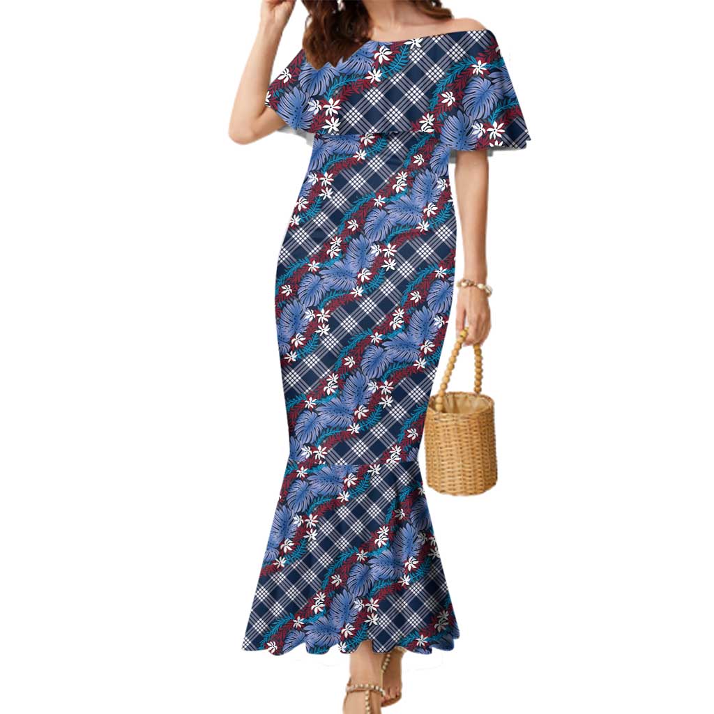 Polynesian Monstera Tiare Floral Family Matching Mermaid Dress and Hawaiian Shirt Royal Blue Tropical Plaid - Polynesian Pride
