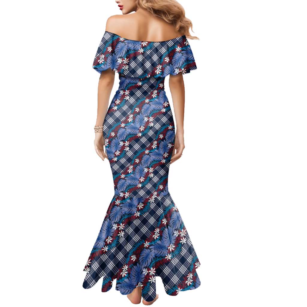 Polynesian Monstera Tiare Floral Family Matching Mermaid Dress and Hawaiian Shirt Royal Blue Tropical Plaid - Polynesian Pride