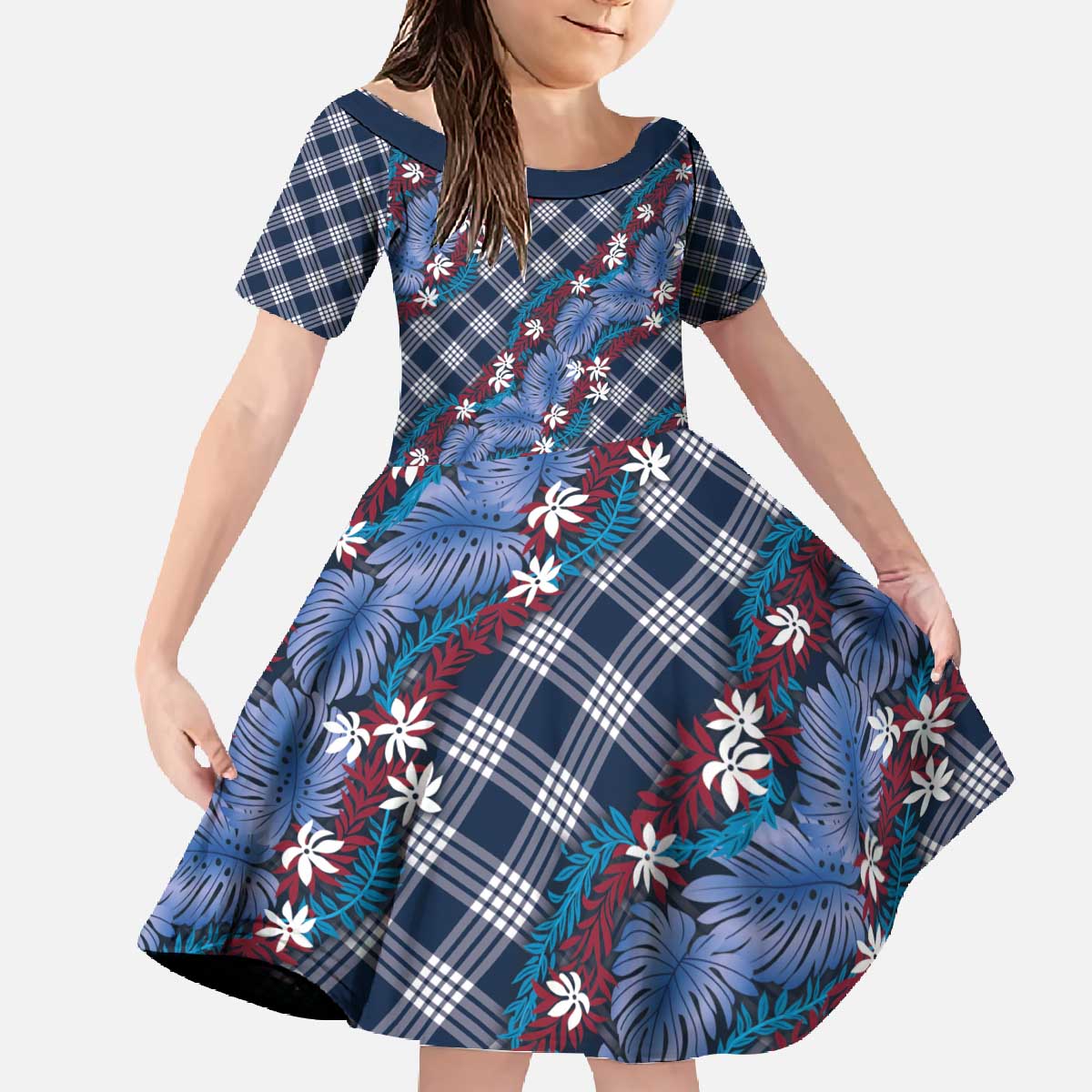 Polynesian Monstera Tiare Floral Family Matching Off The Shoulder Long Sleeve Dress and Hawaiian Shirt Royal Blue Tropical Plaid - Polynesian Pride