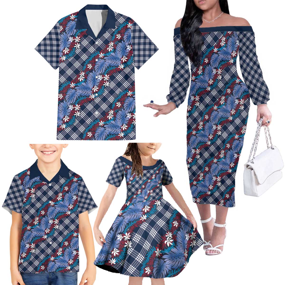 Polynesian Monstera Tiare Floral Family Matching Off The Shoulder Long Sleeve Dress and Hawaiian Shirt Royal Blue Tropical Plaid - Polynesian Pride