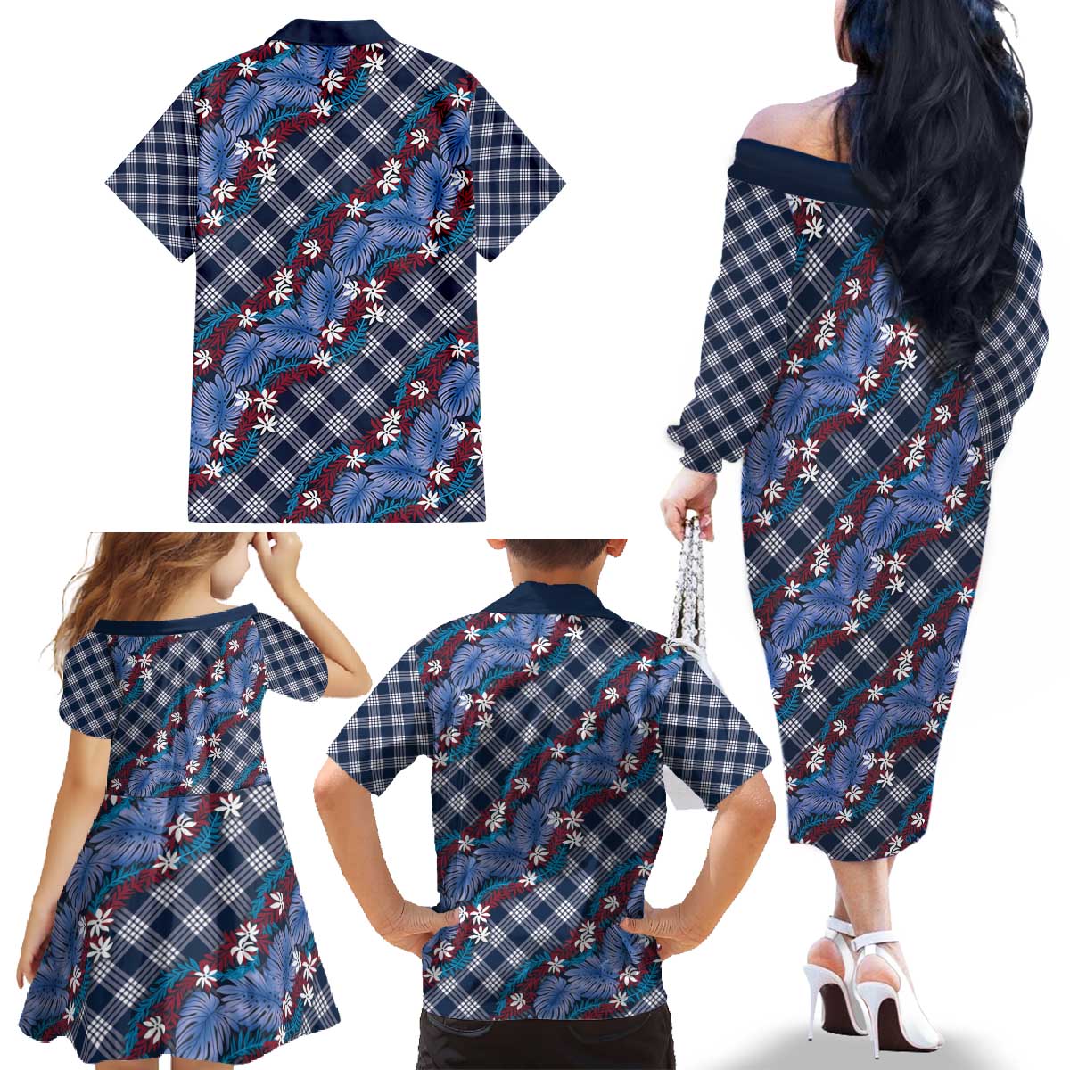 Polynesian Monstera Tiare Floral Family Matching Off The Shoulder Long Sleeve Dress and Hawaiian Shirt Royal Blue Tropical Plaid - Polynesian Pride