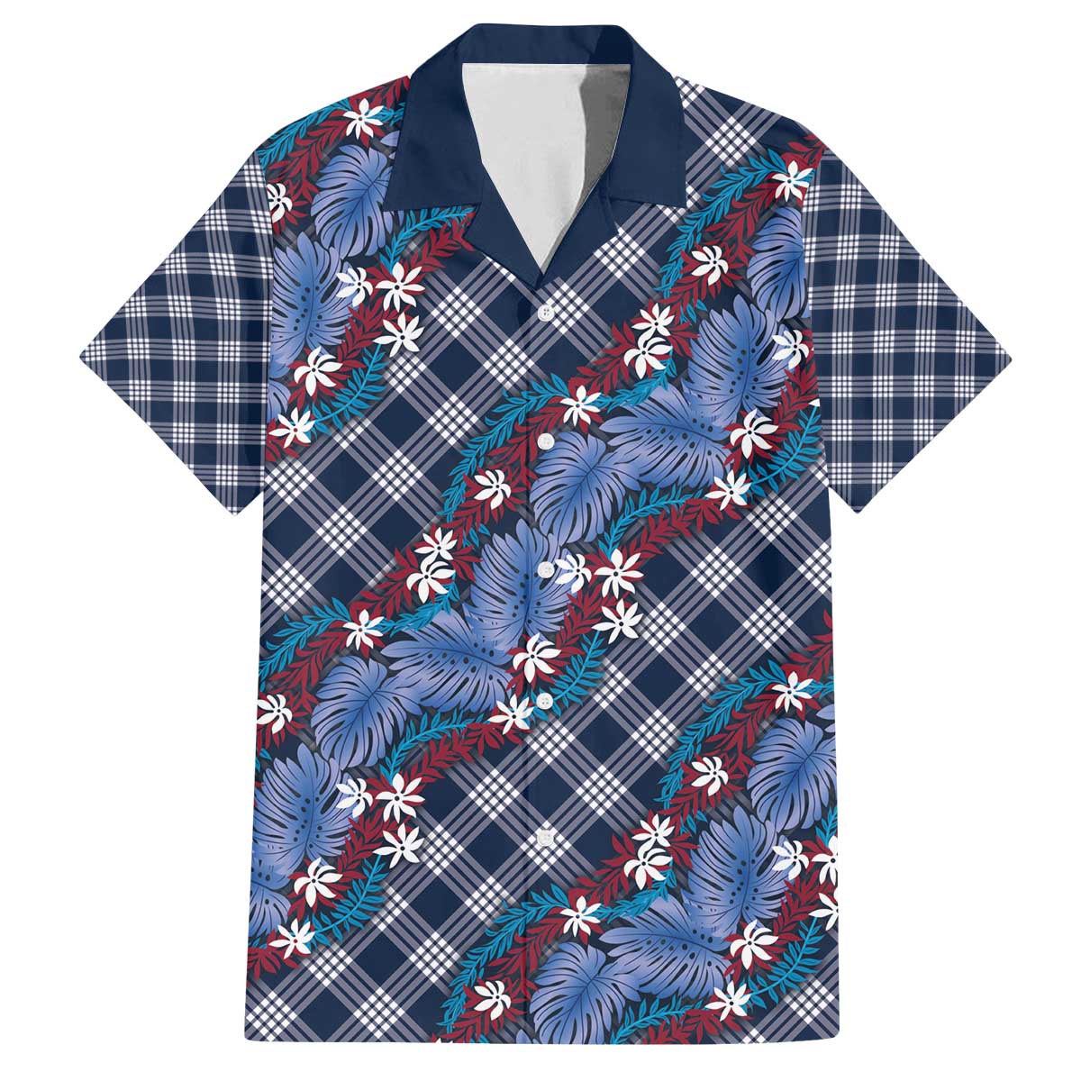 Polynesian Monstera Tiare Floral Family Matching Off The Shoulder Long Sleeve Dress and Hawaiian Shirt Royal Blue Tropical Plaid - Polynesian Pride