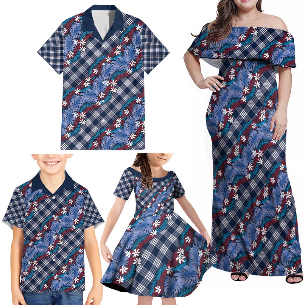 Polynesian Monstera Tiare Floral Family Matching Off Shoulder Maxi Dress and Hawaiian Shirt Royal Blue Tropical Plaid LT01 - Polynesian Pride