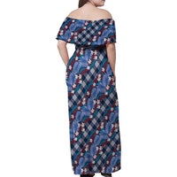 Polynesian Monstera Tiare Floral Family Matching Off Shoulder Maxi Dress and Hawaiian Shirt Royal Blue Tropical Plaid - Polynesian Pride