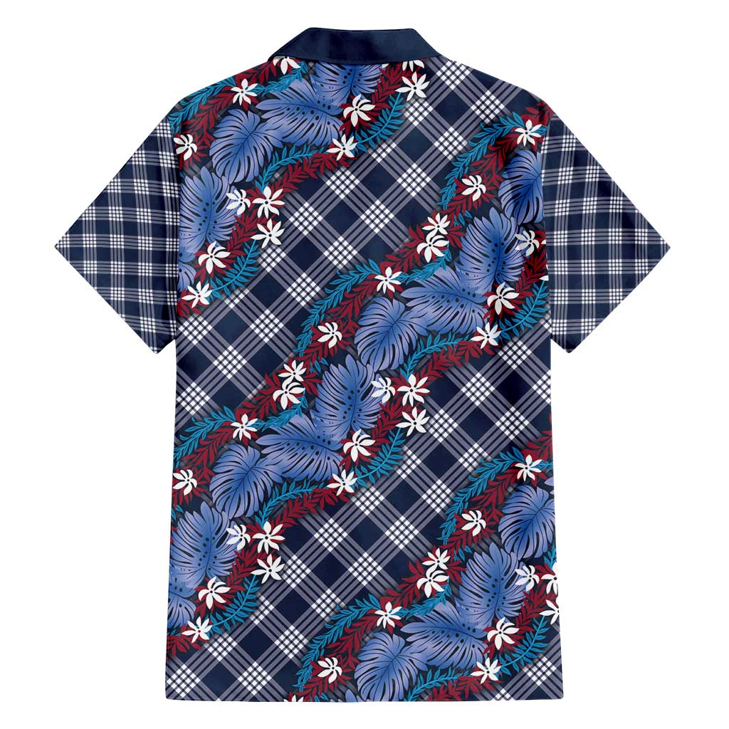 Polynesian Monstera Tiare Floral Family Matching Puletasi and Hawaiian Shirt Royal Blue Tropical Plaid - Polynesian Pride
