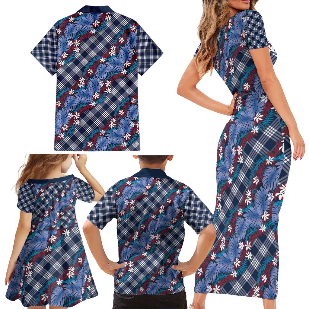 Polynesian Monstera Tiare Floral Family Matching Short Sleeve Bodycon Dress and Hawaiian Shirt Royal Blue Tropical Plaid - Polynesian Pride