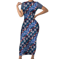 Polynesian Monstera Tiare Floral Family Matching Short Sleeve Bodycon Dress and Hawaiian Shirt Royal Blue Tropical Plaid - Polynesian Pride