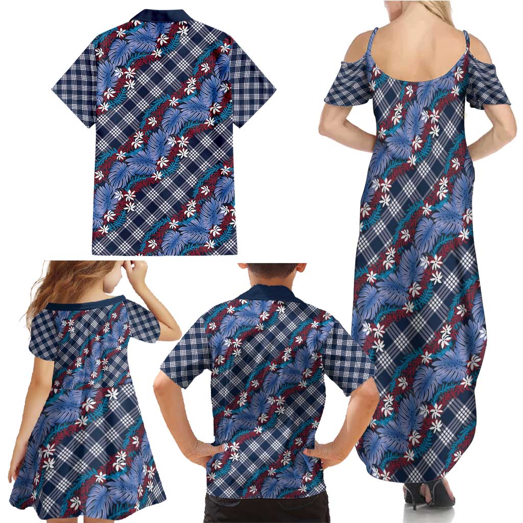 Polynesian Monstera Tiare Floral Family Matching Summer Maxi Dress and Hawaiian Shirt Royal Blue Tropical Plaid - Polynesian Pride