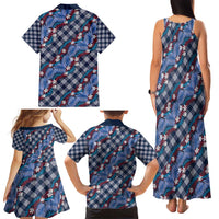 Polynesian Monstera Tiare Floral Family Matching Tank Maxi Dress and Hawaiian Shirt Royal Blue Tropical Plaid - Polynesian Pride