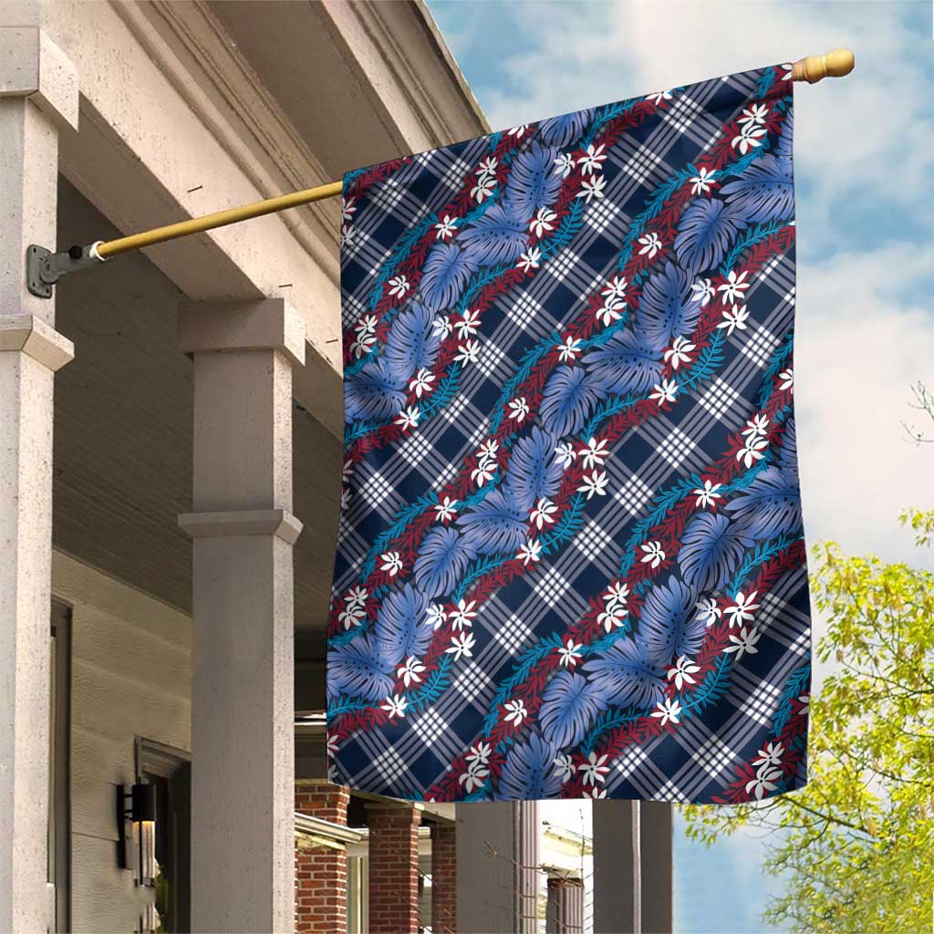 Polynesian Monstera Tiare Floral Garden Flag Royal Blue Tropical Plaid - Polynesian Pride