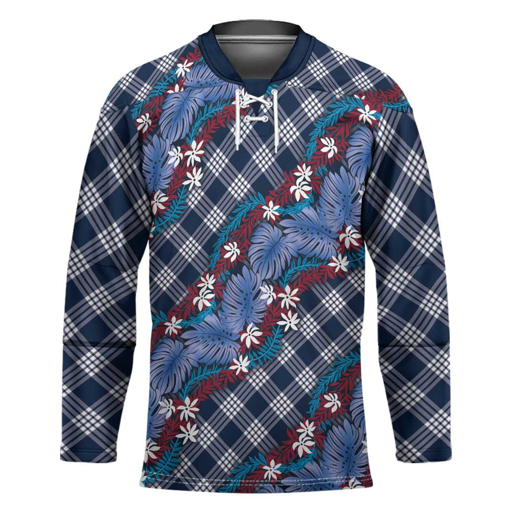 Polynesian Monstera Tiare Floral Hockey Jersey Royal Blue Tropical Plaid LT01 Unisex Blue - Polynesian Pride