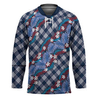 Polynesian Monstera Tiare Floral Hockey Jersey Royal Blue Tropical Plaid - Polynesian Pride