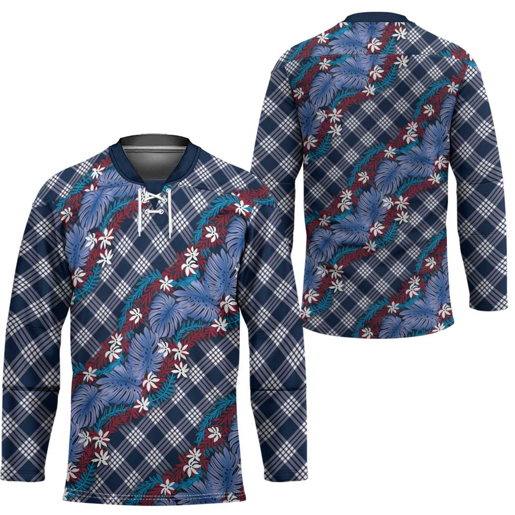 Polynesian Monstera Tiare Floral Hockey Jersey Royal Blue Tropical Plaid - Polynesian Pride
