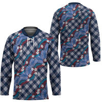 Polynesian Monstera Tiare Floral Hockey Jersey Royal Blue Tropical Plaid - Polynesian Pride