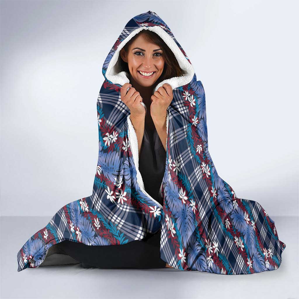 Polynesian Monstera Tiare Floral Hooded Blanket Royal Blue Tropical Plaid - Polynesian Pride