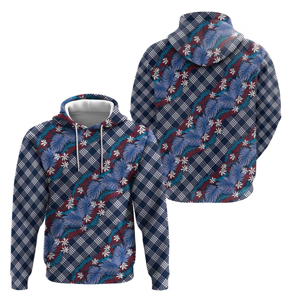 Polynesian Monstera Tiare Floral Hoodie Royal Blue Tropical Plaid - Polynesian Pride